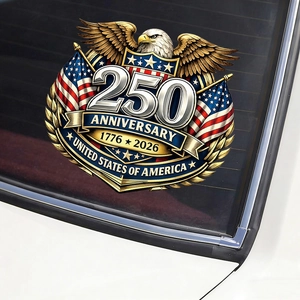 Detailed car window decal showing USA 250th Anniversary eagle and flag sticker