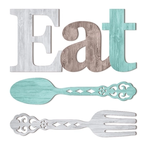 Three-piece wood eat sign with fork and spoon wall art in rustic farmhouse style