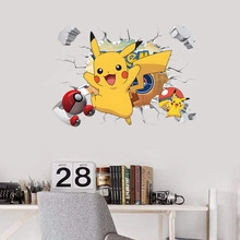 3D wall sticker featuring Pikachu and Poke Ball breaking through wall in a bedroom