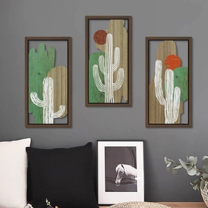 Bohemian Cactus Desert Wooden Wall Decor Triple Abstract Geometric Pattern Wall Art Natural Southwest Hanging Decor For Home Living Room Bedroom