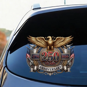 Detail of USA 250th anniversary car sticker with eagle design on rear window glass
