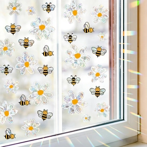 Rainbow prism window decals with daisy flowers and bees for colorful glass decoration