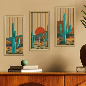 Modern 3D wooden cactus wall art set featuring desert sunset and mountain landscapes