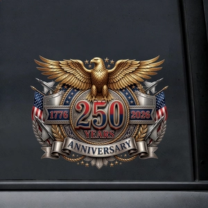Macro detail of 250th anniversary car sticker with eagle emblem and 1776-2026 dates