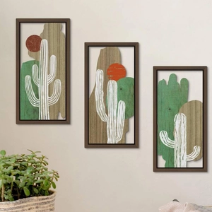Detail of bohemian cactus wood wall art with 3D layered hollow design for home decor