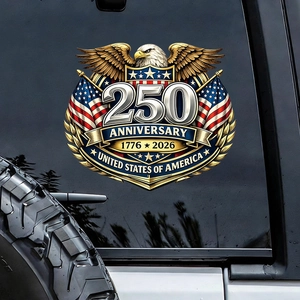 Close-up of USA 250th anniversary shield decal with eagle on a black car window