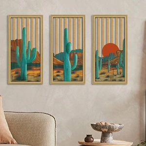 Three-piece bohemian cactus wall art set with desert landscape in minimalist wood frames