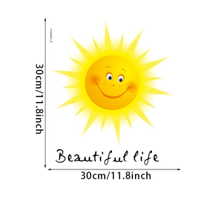 Dettaglio dell'adesivo da parete sole sorridente con testo Beautiful Life e misura 30cm