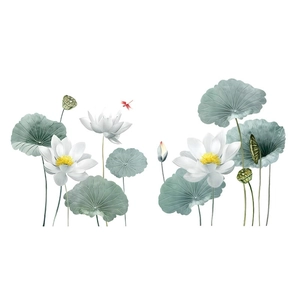 Chinese style lotus flower wall sticker with lotus leaves and dragonfly on white background
