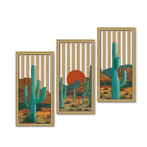 Three-piece bohemian cactus wall art set with wooden frames and modern desert landscapes