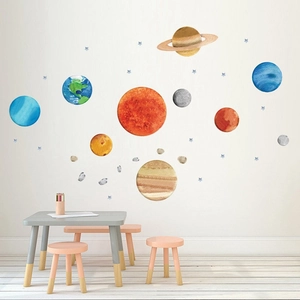 Solar system wall decals with watercolor planets for classroom or nursery decor