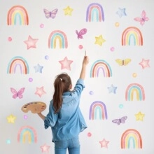 Detail of watercolor rainbow and butterfly wall decals in a child nursery bedroom