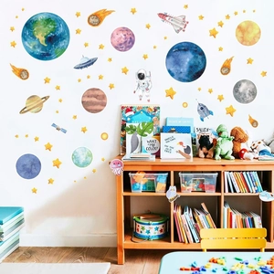 Solar System Planet Wall Stickers For Kids Room Watercolor Astronaut Rocket UFO Decals PVC Space Theme Nursery Wall Art