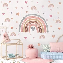 Detailed Morandi rainbow and heart wall stickers in a cozy Nordic style nursery decor