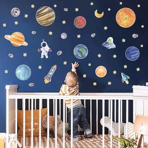 Space theme wall decals featuring planets and astronauts for kids room decoration