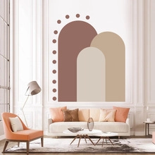 Detail of bohemian geometric arch wall decals in earthy tones for living room decor