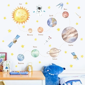 Solar System wall stickers for kids with watercolor planets, astronauts and stars decor