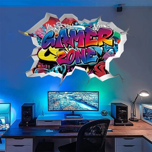 3D gamer zone wall decal with broken wall effect for gaming room decor