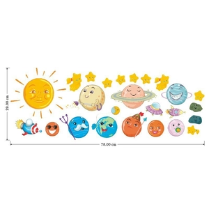 Detailed size chart of space planet wall decals showing 78x29 cm dimensions in PVC