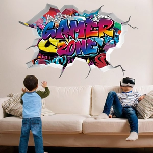 3D gamer zone wall decal featuring colorful graffiti in a living room setting