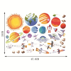 Detailed sheet of cartoon space wall stickers showing solar system planets and dimensions