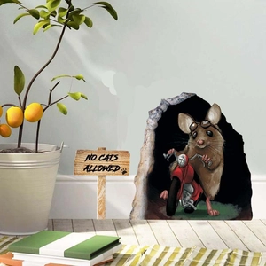 3D cartoon mouse on motorcycle wall sticker bursting through gray room wall
