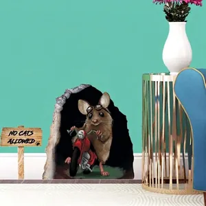 3D cute mouse on red motorcycle wall sticker with No Cats Allowed sign for home decor