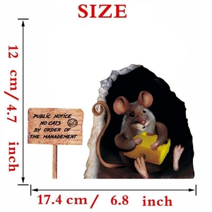 Detailed 3D wall sticker featuring a cute mouse with cheese and a no-cat-allowed sign