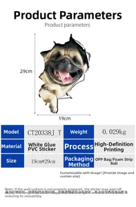 Detailed size and specs for the 3D Pug wall sticker with PVC material dimensions