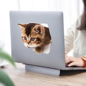 3D cat hole wall sticker for laptop decoration with realistic broken wall cat design