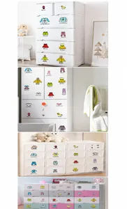 Detalle de etiquetas organizadoras de armario con iconos dibujados a mano en muebles