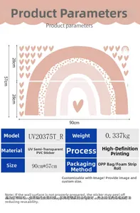 Detailed dimension guide for bohemian rainbow wall stickers with Morandi heart motifs