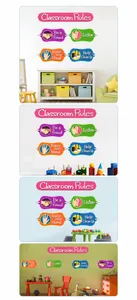 Adhesive classroom rules wall decals showing kids room and preschool decor applications
