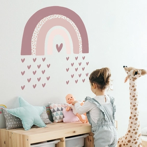 Boho rainbow and heart wall stickers for kids room decoration in soft Morandi pink tones