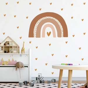Bohemian rainbow and hearts wall decal set for nursery room decor with earthy tones