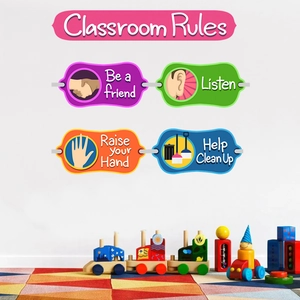 Classroom Rules wall stickers featuring Be a Friend and Listen icons for preschool decor