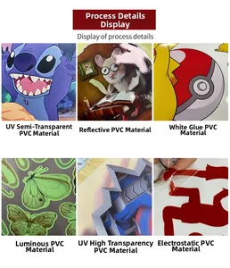 Detail view of PVC stickers in UV semi-transparent, reflective, and luminous textures