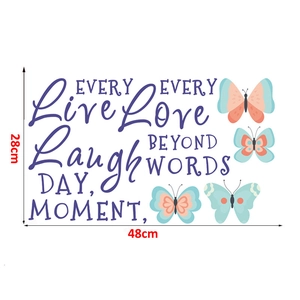 Detail showing colorful butterfly wall stickers with inspirational quotes and size labels