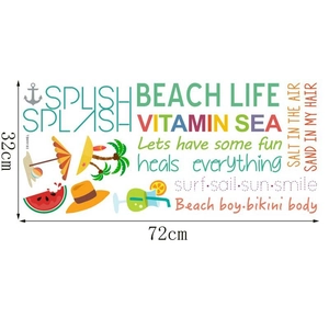 Detailed view of colorful beach life PVC wall stickers set with 72x32cm dimensions label