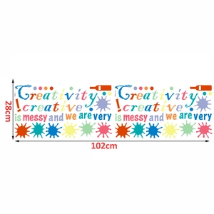 Detail of colorful PVC alphabet wall stickers with creativity quotes and size dimensions