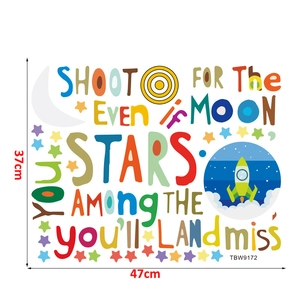 Detail view of colorful alphabet wall stickers with motivational moon and rocket quotes