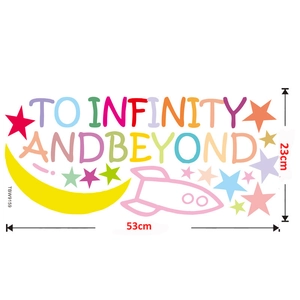 Detail view of colorful wall stickers showing dimensions 53cm by 23cm for kids rooms