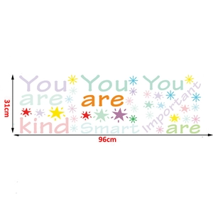 Detail showing colorful motivational wall stickers for kids room, size 31x96cm