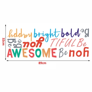 Detail view of colorful motivational letter wall stickers showing 89x32cm dimensions