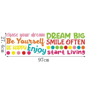 Detail view of colorful motivational wall stickers with size dimensions of 97x27.4cm