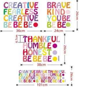 Detailed size specifications for colorful motivational alphabet PVC wall stickers for kids