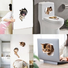 3D pet wall stickers showing cat and dog decals on fridge, toilet, and laptop surfaces