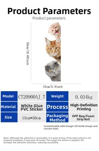 Detailed chart showing 3D cat wall stickers dimensions and PVC material specifications