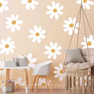 Minimalist white daisy wall decals with yellow centers for Nordic nursery wall decoration