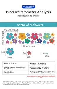 Detailed chart showing UV translucent PVC daisy wall decals with 24 flower elements